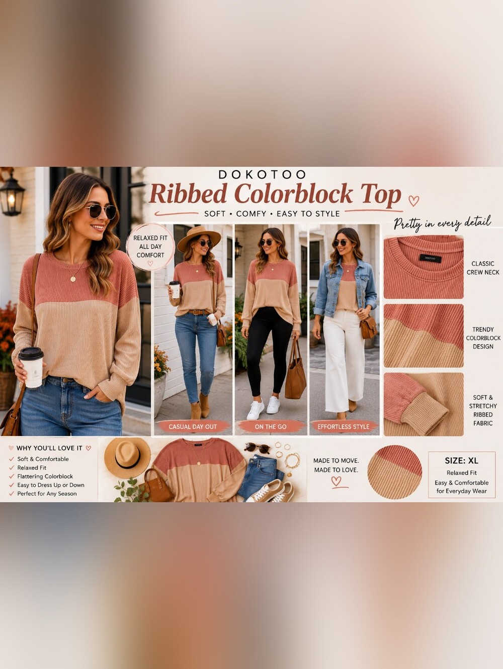 DOKOTOO Women's Ribbed Colorblock Crew Neck Sweater - Rust & Tan